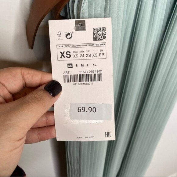 NWT Zara Off the Shoulder Belted Pleated Midi Dress in Mint Green - Picture 7 of 10